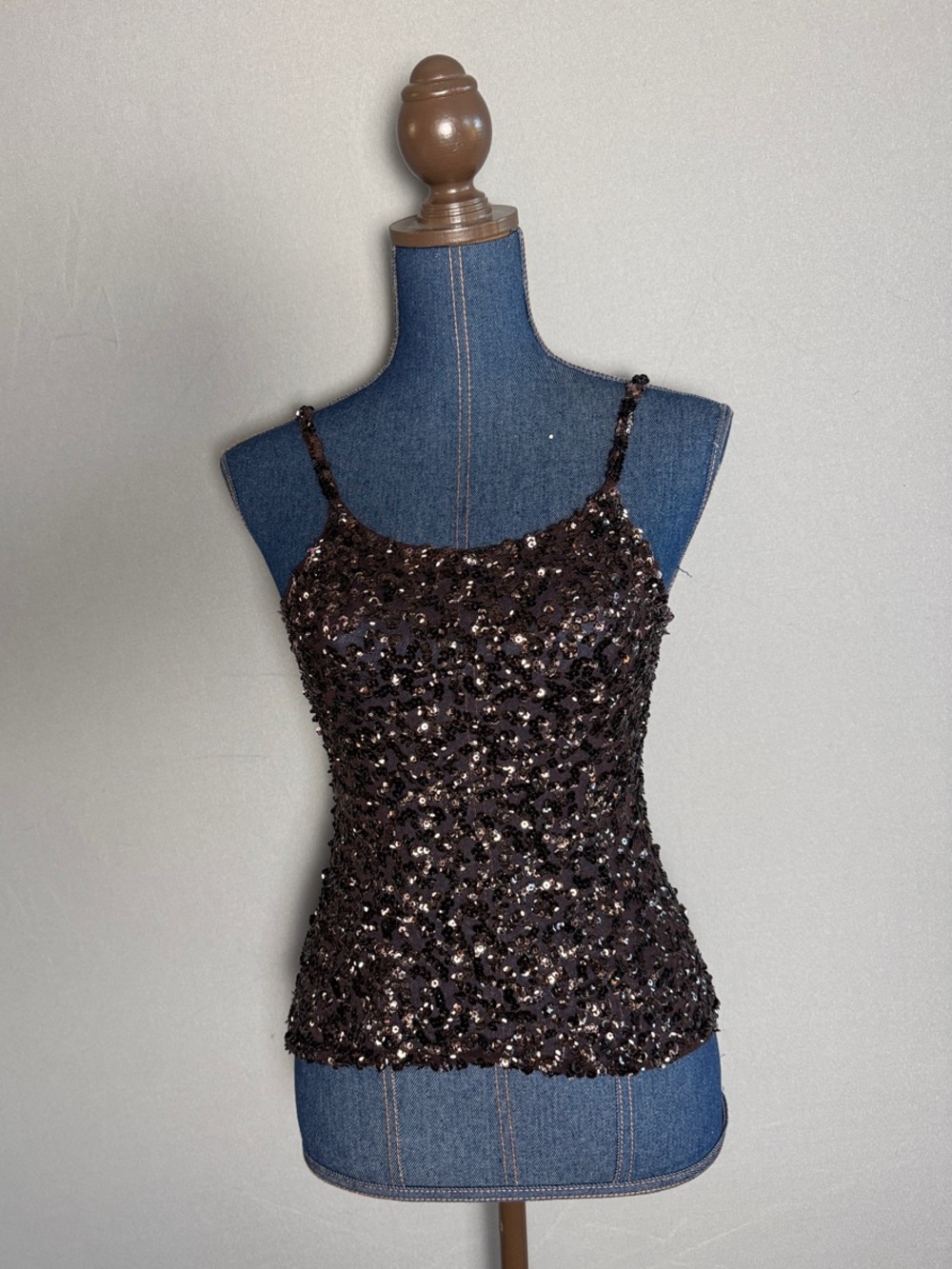 Sequin Spaghetti Strap Tank Top - Brown